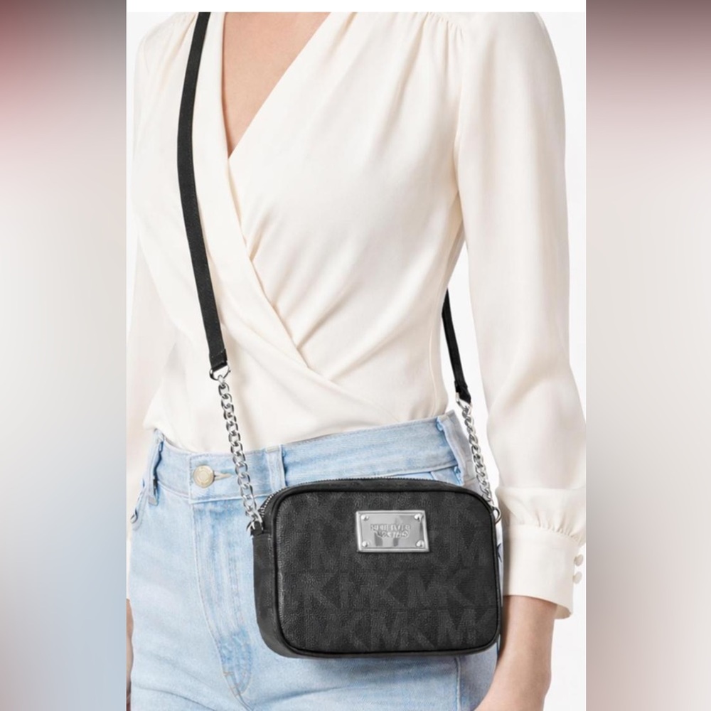 Michael Kors logo jet set black saffiano leather chain crossbody handbag